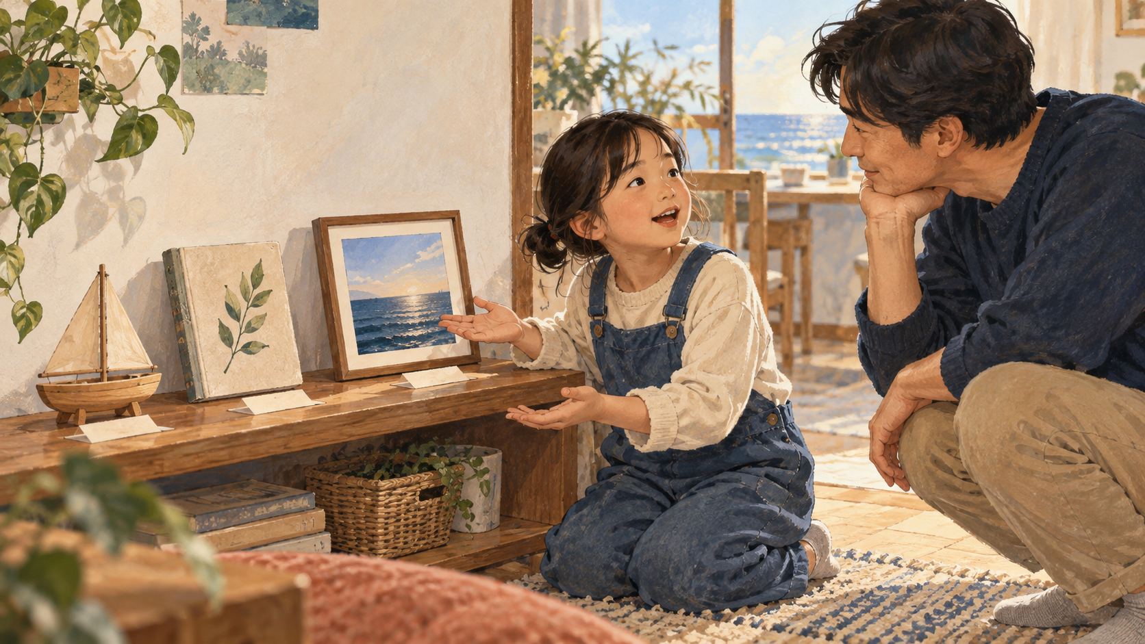 A child explains a small exhibition of a toy boat, a book, and a photograph of the sea while a parent listens.