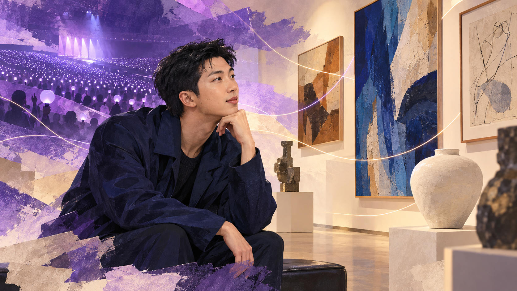 An artistic depiction of RM looking toward imagined paintings and ceramics, with purple concert lights blended into the background.