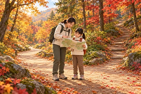 가을 숲 탐방로 입구에서 종이 지도를 함께 보는 부모와 아이의 삽화