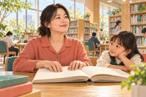 도서관에서 손끝으로 점자책을 읽는 사람과 그 읽기 방식을 살펴보는 아이의 삽화